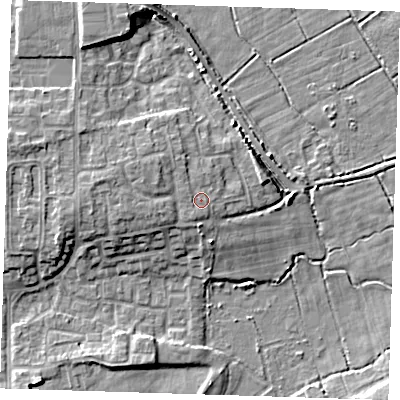 Shaded relief map of the ground around DA82JT, computed from Environment Agency LiDAR. The ground here sits at about 6 m above sea level and falls 8 m across the surrounding 800 m. Surface water reaching this point runs off ground lying to the west-north-west, 0.5 m higher.