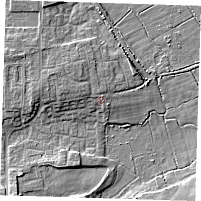 Shaded relief map of the ground around DA82JU, computed from Environment Agency LiDAR. The ground here sits at about 5 m above sea level and falls 8 m across the surrounding 800 m. Surface water reaching this point runs off ground lying to the west-north-west, 2.2 m higher.