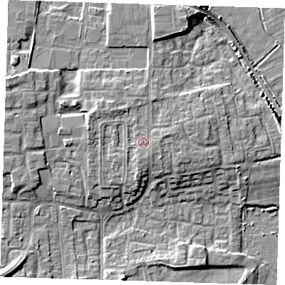Shaded relief map of the ground around DA82JW, computed from Environment Agency LiDAR. The ground here sits at about 7 m above sea level and falls 12 m across the surrounding 800 m. Surface water reaching this point runs off ground lying to the south-south-east, 0.7 m higher.