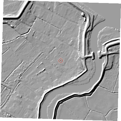 Shaded relief map of the ground around DA82JZ, computed from Environment Agency LiDAR. The ground here sits at about 2 m above sea level and falls 9 m across the surrounding 800 m. Surface water reaching this point runs off ground lying to the east, 5.1 m higher.