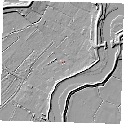 Shaded relief map of the ground around DA82LD, computed from Environment Agency LiDAR. The ground here sits at about 1 m above sea level and falls 9 m across the surrounding 800 m. Surface water reaching this point runs off ground lying to the south-south-east, 5.2 m higher.