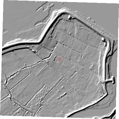 Shaded relief map of the ground around DA82LE, computed from Environment Agency LiDAR. The ground here sits at about 1 m above sea level and falls 9 m across the surrounding 800 m. Surface water reaching this point runs off ground lying to the west, 1.3 m higher.