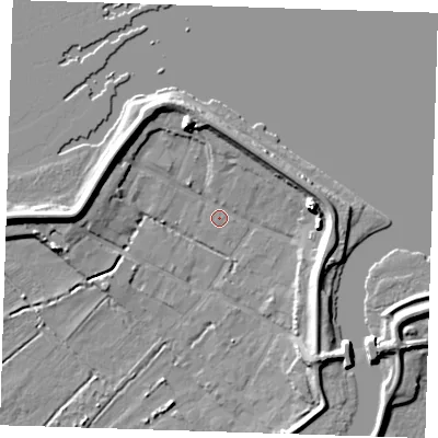 Shaded relief map of the ground around DA82LF, computed from Environment Agency LiDAR. The ground here sits at about 2 m above sea level and falls 9 m across the surrounding 800 m. Surface water reaching this point runs off ground lying to the north-north-west, 8.4 m higher.