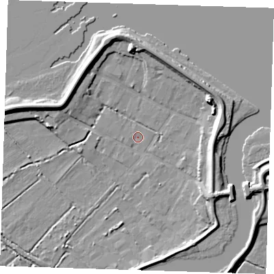 Shaded relief map of the ground around DA82LG, computed from Environment Agency LiDAR. The ground here sits at about 1 m above sea level and falls 9 m across the surrounding 800 m. Surface water reaching this point runs off ground lying to the north, 8.9 m higher.