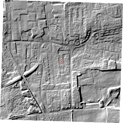 Shaded relief map of the ground around DA82LH, computed from Environment Agency LiDAR. The ground here sits at about 3 m above sea level and falls 12 m across the surrounding 800 m. Surface water reaching this point runs off ground lying to the west-south-west, 10.9 m higher.
