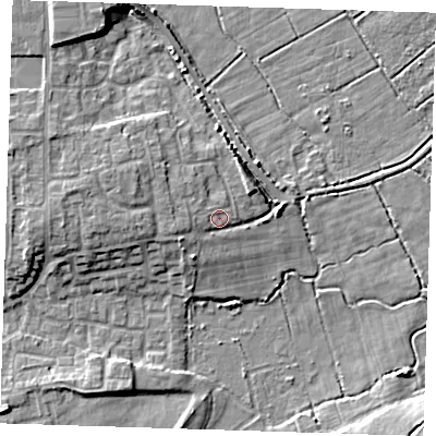 Shaded relief map of the ground around DA82LL, computed from Environment Agency LiDAR. The ground here sits at about 5 m above sea level and falls 8 m across the surrounding 800 m. Surface water reaching this point runs off ground lying to the west, 3.5 m higher.
