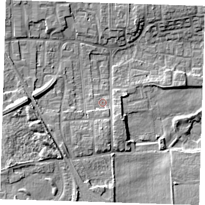 Shaded relief map of the ground around DA82LN, computed from Environment Agency LiDAR. The ground here sits at about 4 m above sea level and falls 12 m across the surrounding 800 m. Surface water reaching this point runs off ground lying to the south-south-east, 3.1 m higher.