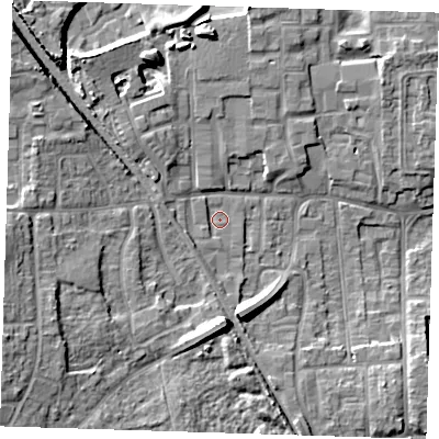 Shaded relief map of the ground around DA82LQ, computed from Environment Agency LiDAR. The ground here sits at about 5 m above sea level and falls 13 m across the surrounding 800 m. Surface water reaching this point runs off ground lying to the south-west, 2.2 m higher.