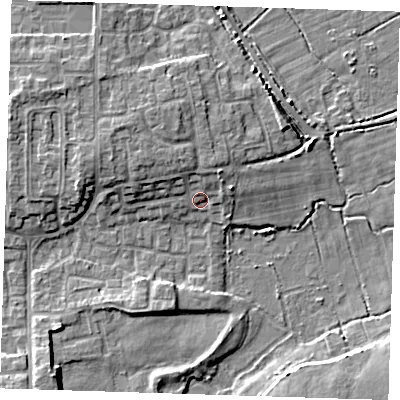 Shaded relief map of the ground around DA82LR, computed from Environment Agency LiDAR. The ground here sits at about 4 m above sea level and falls 7 m across the surrounding 800 m. Surface water reaching this point runs off ground lying to the north-north-west, 3.8 m higher.