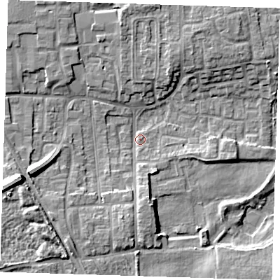 Shaded relief map of the ground around DA82LS, computed from Environment Agency LiDAR. The ground here sits at about 3 m above sea level and falls 12 m across the surrounding 800 m. Surface water reaching this point runs off ground lying to the west-south-west, 11.2 m higher.