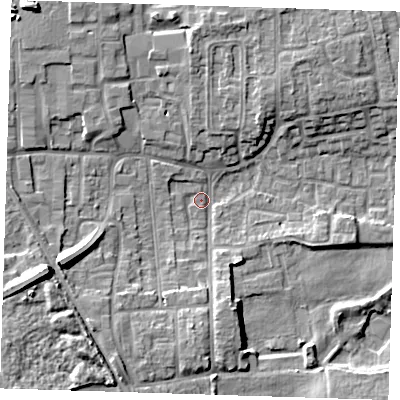 Shaded relief map of the ground around DA82LT, computed from Environment Agency LiDAR. The ground here sits at about 3 m above sea level and falls 12 m across the surrounding 800 m. Surface water reaching this point runs off ground lying to the west-south-west, 11.2 m higher.