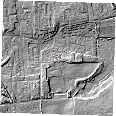 Shaded relief map of the ground around DA82LU, computed from Environment Agency LiDAR. The ground here sits at about 3 m above sea level and falls 10 m across the surrounding 800 m. Surface water reaching this point runs off ground lying to the east-south-east, 3.0 m higher.