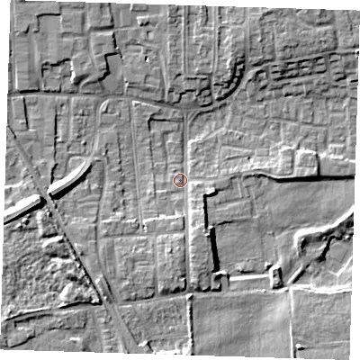 Shaded relief map of the ground around DA82LX, computed from Environment Agency LiDAR. The ground here sits at about 4 m above sea level and falls 12 m across the surrounding 800 m. Surface water reaching this point runs off ground lying to the south, 4.8 m higher.