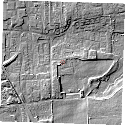 Shaded relief map of the ground around DA82LZ, computed from Environment Agency LiDAR. The ground here sits at about 4 m above sea level and falls 12 m across the surrounding 800 m. Surface water reaching this point runs off ground lying to the south-west, 2.7 m higher.