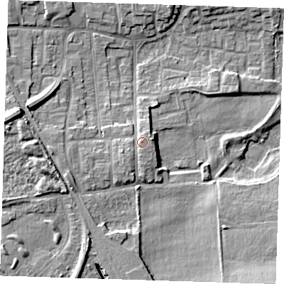 Shaded relief map of the ground around DA82NA, computed from Environment Agency LiDAR. The ground here sits at about 7 m above sea level and falls 12 m across the surrounding 800 m. Surface water reaching this point runs off ground lying to the south, 1.8 m higher.