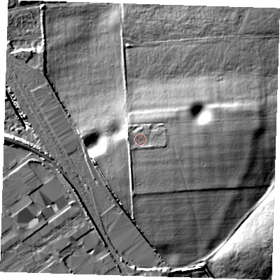 Shaded relief map of the ground around DA82NE, computed from Environment Agency LiDAR. The ground here sits at about 13 m above sea level and falls 12 m across the surrounding 800 m. Surface water reaching this point runs off ground lying to the south-east, 1.4 m higher.