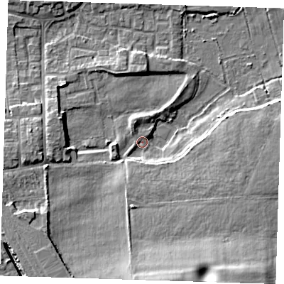 Shaded relief map of the ground around DA82NF, computed from Environment Agency LiDAR. The ground here sits at about 3 m above sea level and falls 12 m across the surrounding 800 m. Surface water reaching this point runs off ground lying to the south-south-west, 4.1 m higher.
