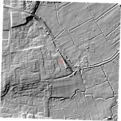 Shaded relief map of the ground around DA82NH, computed from Environment Agency LiDAR. The ground here sits at about 4 m above sea level and falls 9 m across the surrounding 800 m. Surface water reaching this point runs off ground lying to the west, 2.7 m higher.