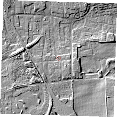 Shaded relief map of the ground around DA82NR, computed from Environment Agency LiDAR. The ground here sits at about 6 m above sea level and falls 12 m across the surrounding 800 m. Surface water reaching this point runs off ground lying to the south-east, 3.1 m higher.