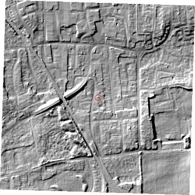 Shaded relief map of the ground around DA82NS, computed from Environment Agency LiDAR. The ground here sits at about 5 m above sea level and falls 12 m across the surrounding 800 m. Surface water reaching this point runs off ground lying to the west, 9.2 m higher.
