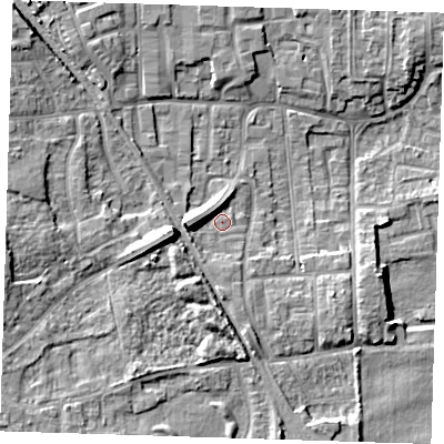 Shaded relief map of the ground around DA82NT, computed from Environment Agency LiDAR. The ground here sits at about 6 m above sea level and falls 12 m across the surrounding 800 m. Surface water reaching this point runs off ground lying to the west, 7.6 m higher.