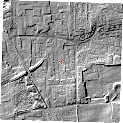 Shaded relief map of the ground around DA82NW, computed from Environment Agency LiDAR. The ground here sits at about 3 m above sea level and falls 12 m across the surrounding 800 m. Surface water reaching this point runs off ground lying to the west-south-west, 10.1 m higher.