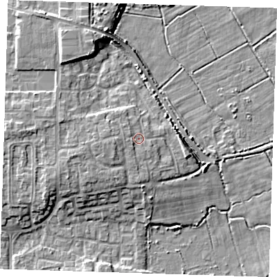 Shaded relief map of the ground around DA82NY, computed from Environment Agency LiDAR. The ground here sits at about 5 m above sea level and falls 9 m across the surrounding 800 m. Surface water reaching this point runs off ground lying to the south-west, 1.6 m higher.