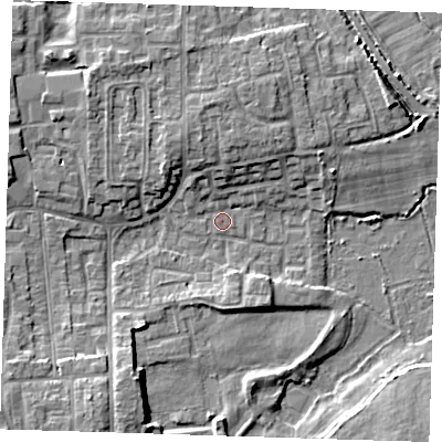 Shaded relief map of the ground around DA82PZ, computed from Environment Agency LiDAR. The ground here sits at about 3 m above sea level and falls 7 m across the surrounding 800 m. Surface water reaching this point runs off ground lying to the north-north-west, 2.9 m higher.
