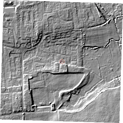 Shaded relief map of the ground around DA82QB, computed from Environment Agency LiDAR. The ground here sits at about 2 m above sea level and falls 7 m across the surrounding 800 m. Surface water reaching this point runs off ground lying to the south-south-west, 3.1 m higher.