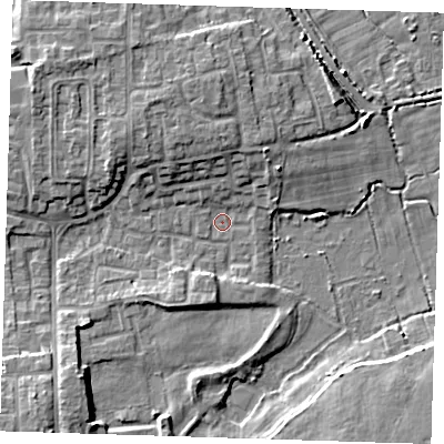 Shaded relief map of the ground around DA82QD, computed from Environment Agency LiDAR. The ground here sits at about 2 m above sea level and falls 7 m across the surrounding 800 m. Surface water reaching this point runs off ground lying to the north-west, 5.9 m higher.