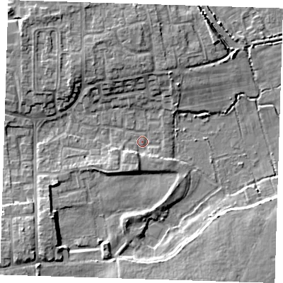Shaded relief map of the ground around DA82QE, computed from Environment Agency LiDAR. The ground here sits at about 2 m above sea level and falls 7 m across the surrounding 800 m. Surface water reaching this point runs off ground lying to the south, 3.1 m higher.