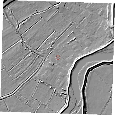 Shaded relief map of the ground around DA82SP, computed from Environment Agency LiDAR. The ground here sits at about 1 m above sea level and falls 8 m across the surrounding 800 m. Surface water reaching this point runs off ground lying to the south-east, 4.9 m higher.