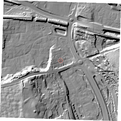 Shaded relief map of the ground around DA99AA, computed from Environment Agency LiDAR. The ground here sits at about 9 m above sea level and falls 39 m across the surrounding 800 m. Surface water reaching this point runs off ground lying to the west-south-west, 24.0 m higher.