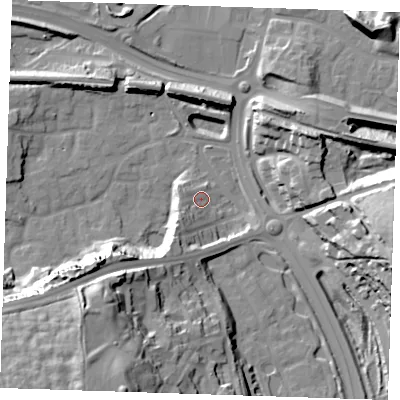 Shaded relief map of the ground around DA99AB, computed from Environment Agency LiDAR. The ground here sits at about 8 m above sea level and falls 39 m across the surrounding 800 m. Surface water reaching this point runs off ground lying to the south-west, 8.0 m higher.
