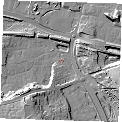 Shaded relief map of the ground around DA99AE, computed from Environment Agency LiDAR. The ground here sits at about 5 m above sea level and falls 37 m across the surrounding 800 m. Surface water reaching this point runs off ground lying to the south-west, 27.2 m higher.