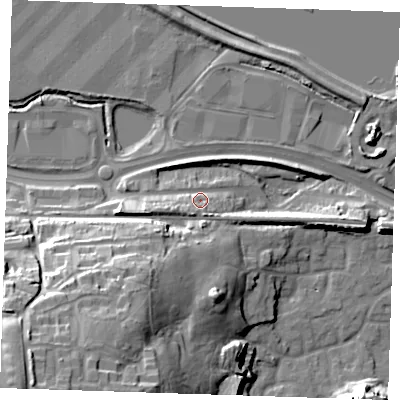 Shaded relief map of the ground around DA99AJ, computed from Environment Agency LiDAR. The ground here sits at about 8 m above sea level and falls 36 m across the surrounding 800 m. Surface water reaching this point runs off ground lying to the west-south-west, 6.1 m higher.