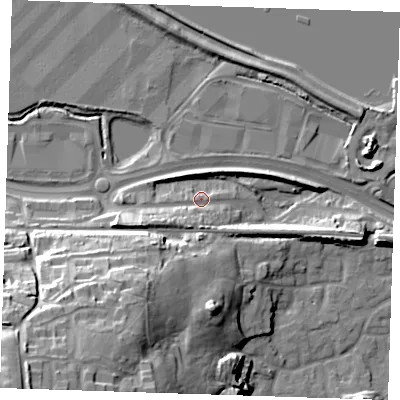 Shaded relief map of the ground around DA99AN, computed from Environment Agency LiDAR. The ground here sits at about 6 m above sea level and falls 35 m across the surrounding 800 m. Surface water reaching this point runs off ground lying to the west-south-west, 8.9 m higher.