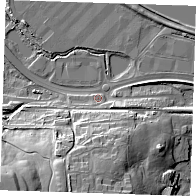 Shaded relief map of the ground around DA99AP, computed from Environment Agency LiDAR. The ground here sits at about 6 m above sea level and falls 44 m across the surrounding 800 m. Surface water reaching this point runs off ground lying to the south-west, 4.0 m higher.