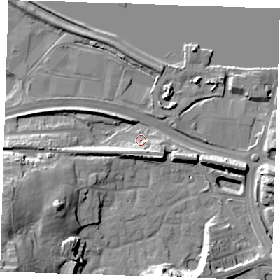 Shaded relief map of the ground around DA99AQ, computed from Environment Agency LiDAR. The ground here sits at about 5 m above sea level and falls 33 m across the surrounding 800 m. Surface water reaching this point runs off ground lying to the south-south-east, 18.0 m higher.