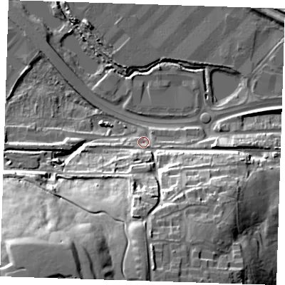 Shaded relief map of the ground around DA99AR, computed from Environment Agency LiDAR. The ground here sits at about 6 m above sea level and falls 44 m across the surrounding 800 m. Surface water reaching this point runs off ground lying to the south, 32.7 m higher.
