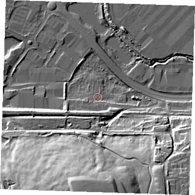 Shaded relief map of the ground around DA99AS, computed from Environment Agency LiDAR. The ground here sits at about 5 m above sea level and falls 44 m across the surrounding 800 m. Surface water reaching this point runs off ground lying to the south-west, 6.4 m higher.