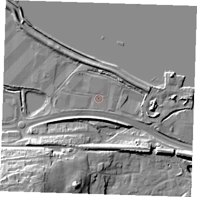 Shaded relief map of the ground around DA99AY, computed from Environment Agency LiDAR. The ground here sits at about 5 m above sea level and falls 28 m across the surrounding 800 m. Surface water reaching this point runs off ground lying to the north-east, 1.0 m higher.