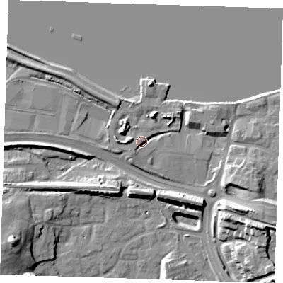Shaded relief map of the ground around DA99BT, computed from Environment Agency LiDAR. The ground here sits at about 6 m above sea level and falls 20 m across the surrounding 800 m. Surface water reaching this point runs off ground lying to the south-south-west, 2.7 m higher.