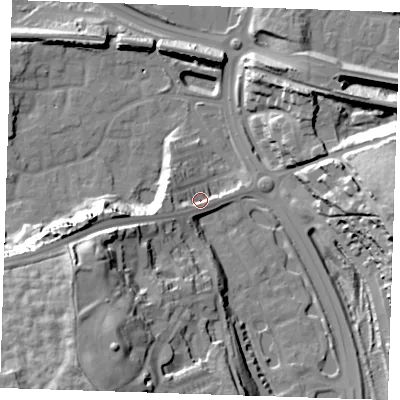 Shaded relief map of the ground around DA99JF, computed from Environment Agency LiDAR. The ground here sits at about 11 m above sea level and falls 40 m across the surrounding 800 m. Surface water reaching this point runs off ground lying to the south-west, 24.4 m higher.