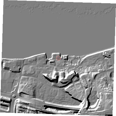 Shaded relief map of the ground around DA99JN, computed from Environment Agency LiDAR. The ground here sits at about 6 m above sea level and falls 31 m across the surrounding 800 m. Surface water reaching this point runs off ground lying to the south-south-east, 27.5 m higher.