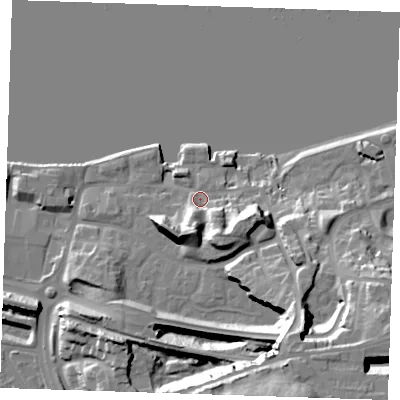 Shaded relief map of the ground around DA99NL, computed from Environment Agency LiDAR. The ground here sits at about 7 m above sea level and falls 35 m across the surrounding 800 m. Surface water reaching this point runs off ground lying to the east-south-east, 13.5 m higher.