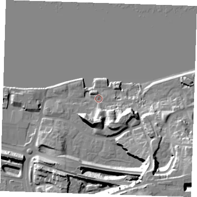 Shaded relief map of the ground around DA99NN, computed from Environment Agency LiDAR. The ground here sits at about 6 m above sea level and falls 32 m across the surrounding 800 m. Surface water reaching this point runs off ground lying to the east-south-east, 14.0 m higher.
