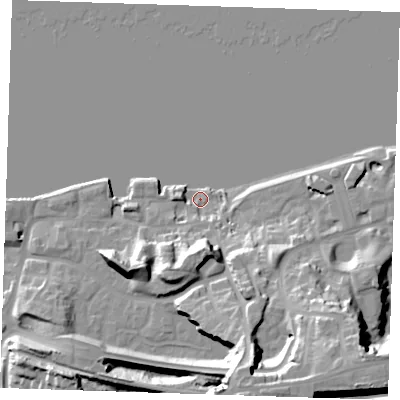 Shaded relief map of the ground around DA99NS, computed from Environment Agency LiDAR. The ground here sits at about 4 m above sea level and falls 29 m across the surrounding 800 m. Surface water reaching this point runs off ground lying to the south-south-east, 27.5 m higher.