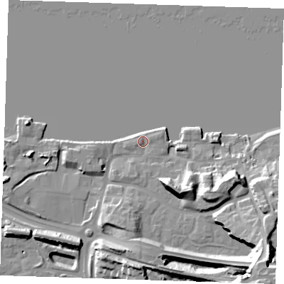 Shaded relief map of the ground around DA99NY, computed from Environment Agency LiDAR. The ground here sits at about 6 m above sea level and falls 31 m across the surrounding 800 m. Surface water reaching this point runs off ground lying to the west-south-west, 1.3 m higher.