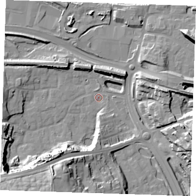Shaded relief map of the ground around DA99PD, computed from Environment Agency LiDAR. The ground here sits at about 5 m above sea level and falls 36 m across the surrounding 800 m. Surface water reaching this point runs off ground lying to the south-west, 28.1 m higher.